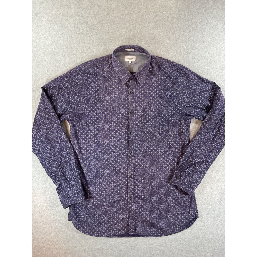 Pepe Jeans London Castor Men Large Slim Fit Purple Geometric Cotton Shirt L #711
